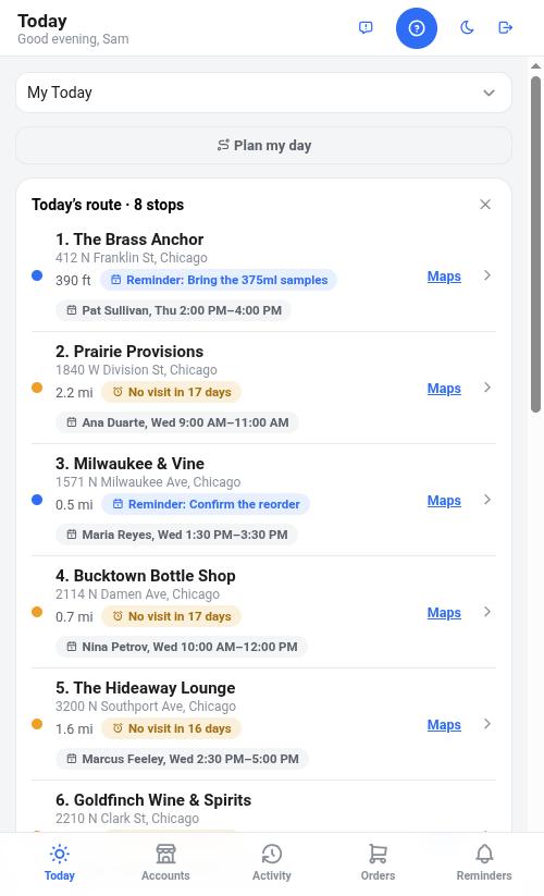 The Proof Rounds day sheet: an eight-stop route — 390 ft to the first, then 2.2 mi, 0.5 mi — each stop showing why it's on the list and when that buyer next takes reps.